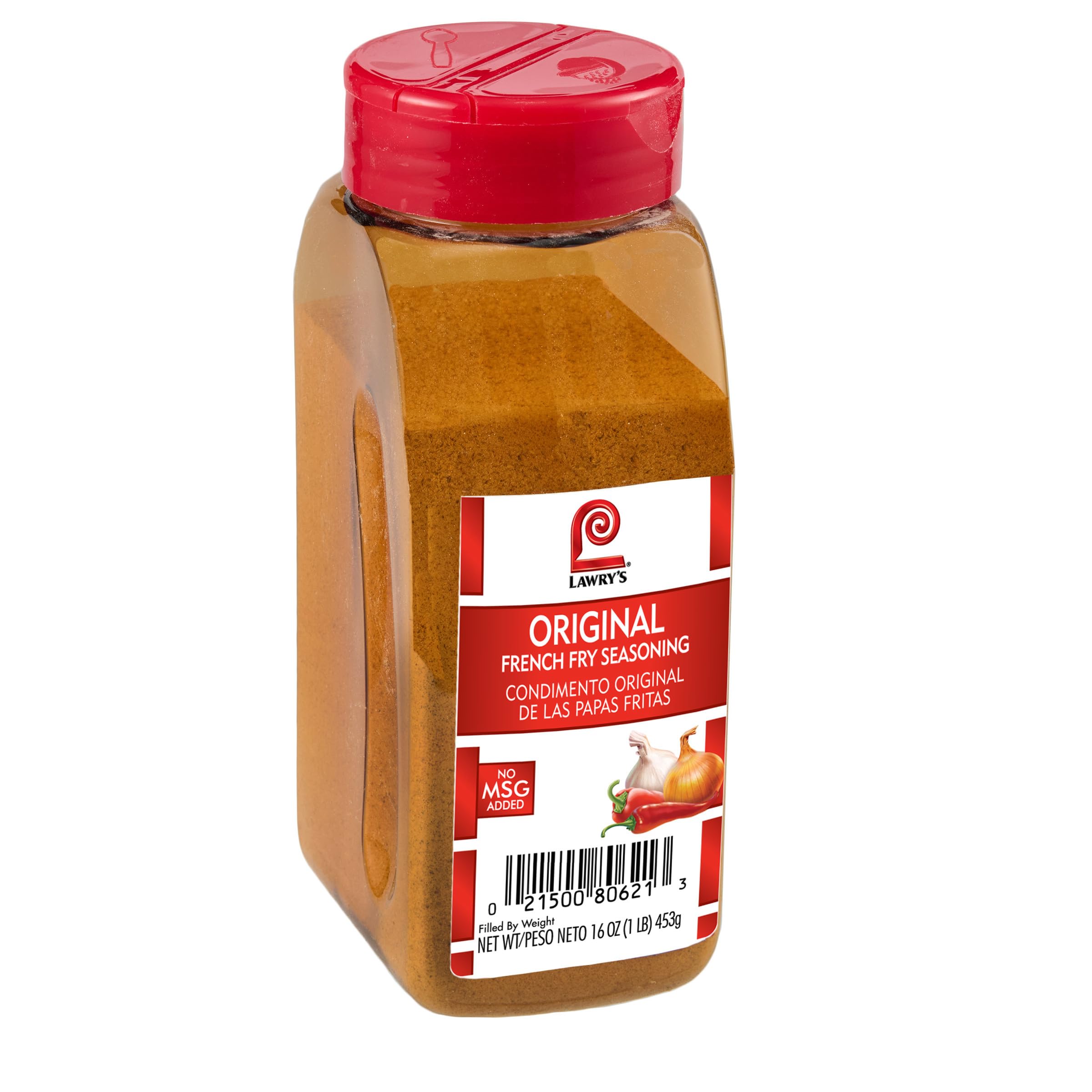 Lawry's Original French Fry Seasoning bottle pour enhances fried snacks with savory flavor.