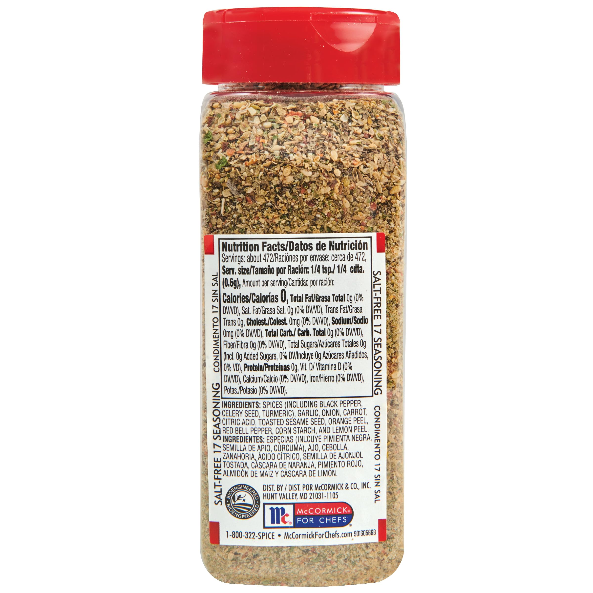 Close-up of Lawry's Salt-Free 17 Seasoning label highlighting 17 ingredients and no salt