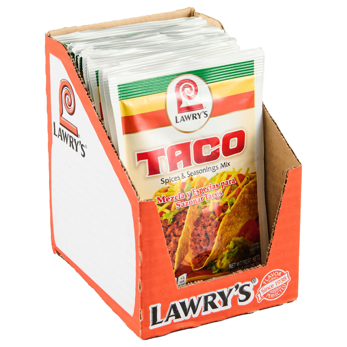 Lawry's Taco Spices bottle top view emphasizes bold flavor for quick taco nights