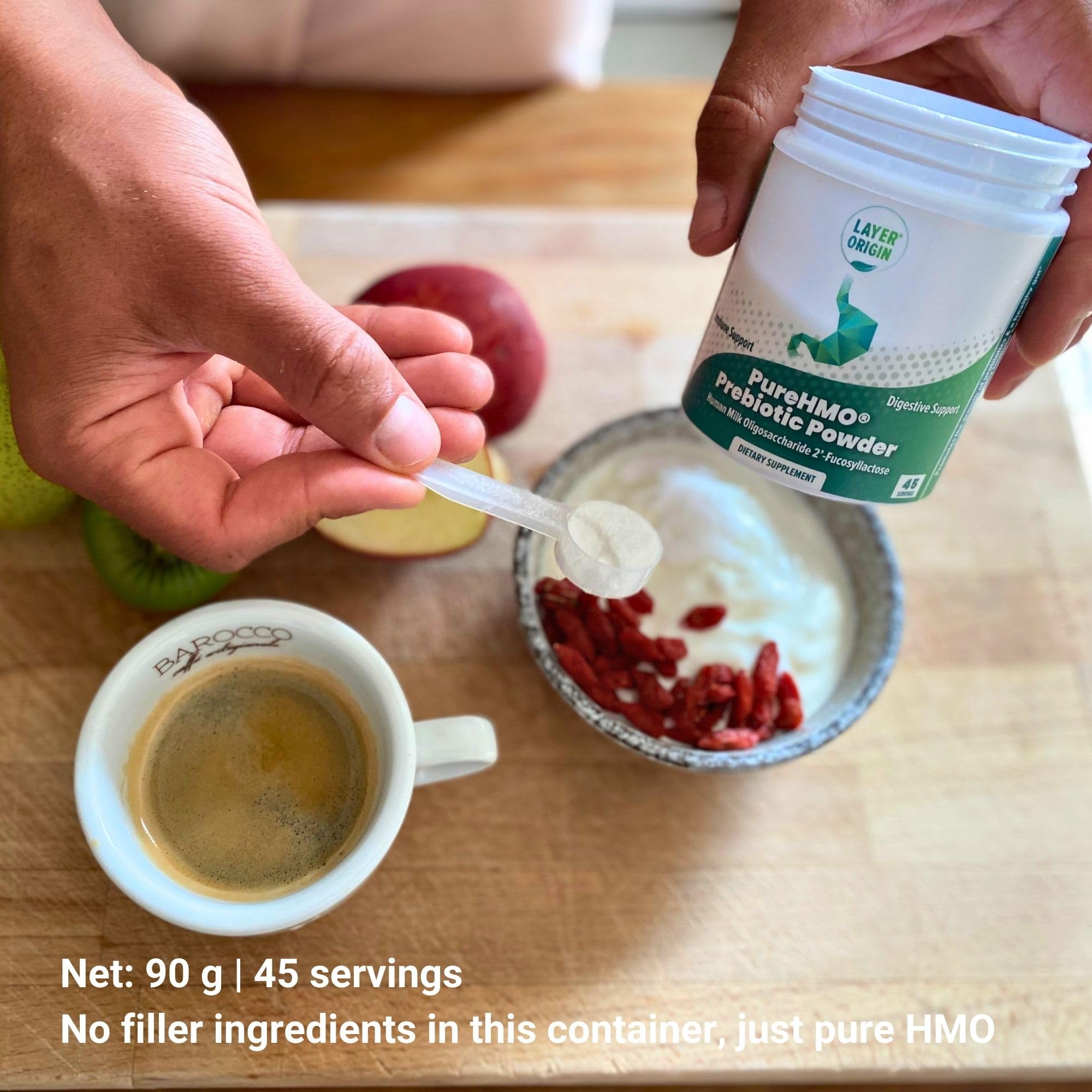 Layer Origin PureHMO packaging shows clean design and clear serving info for easy purchase decisions.