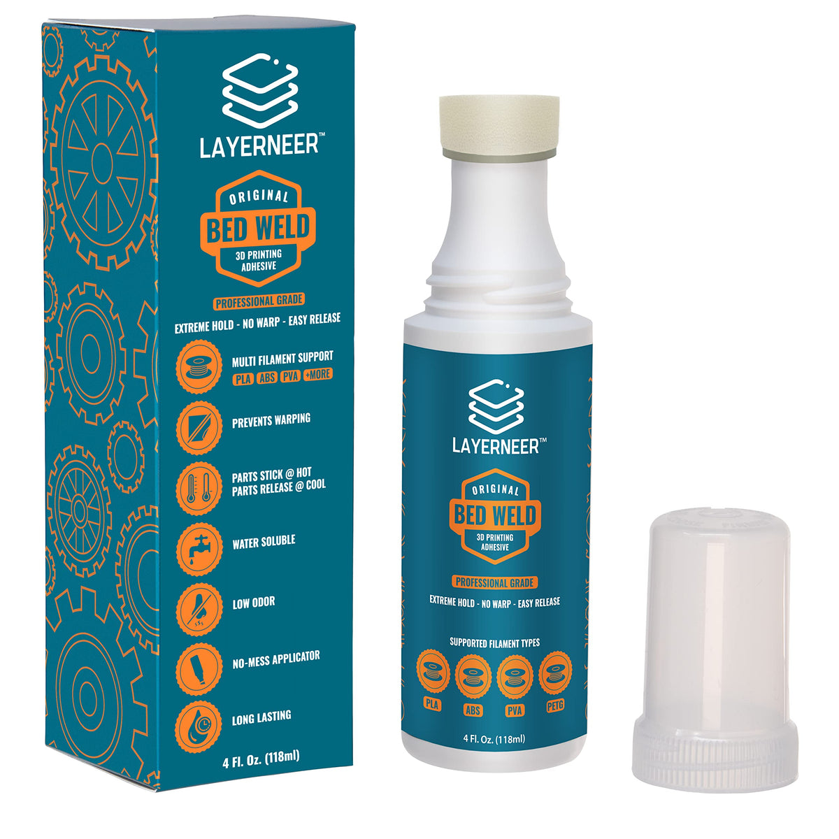 Layerneer Bed Weld adhesive application on a heated glass bed for strong first-layer grip.