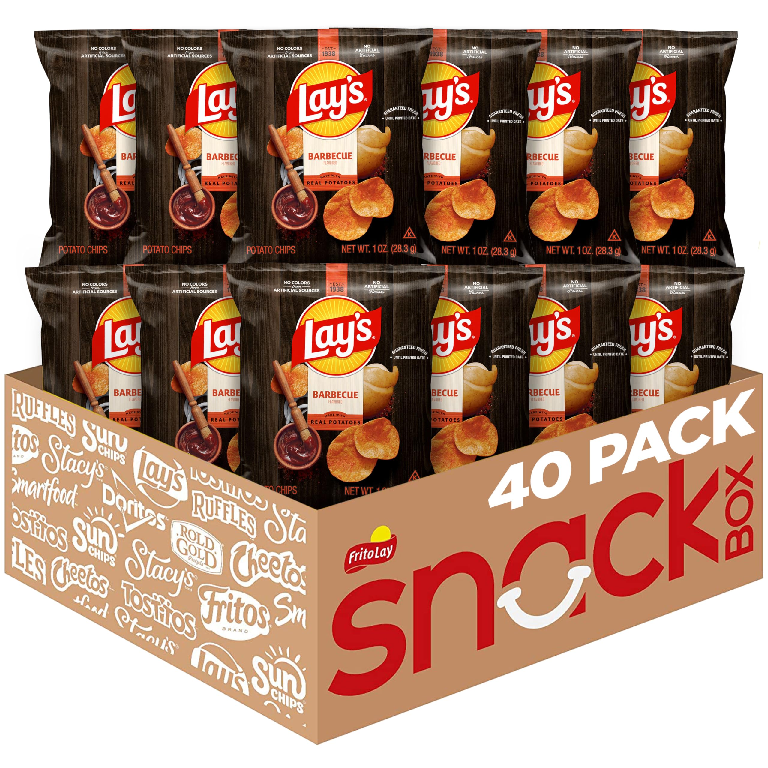 Lay's Barbecue Flavored Potato Chips 1oz bag front, convenient snack pack for on-the-go.