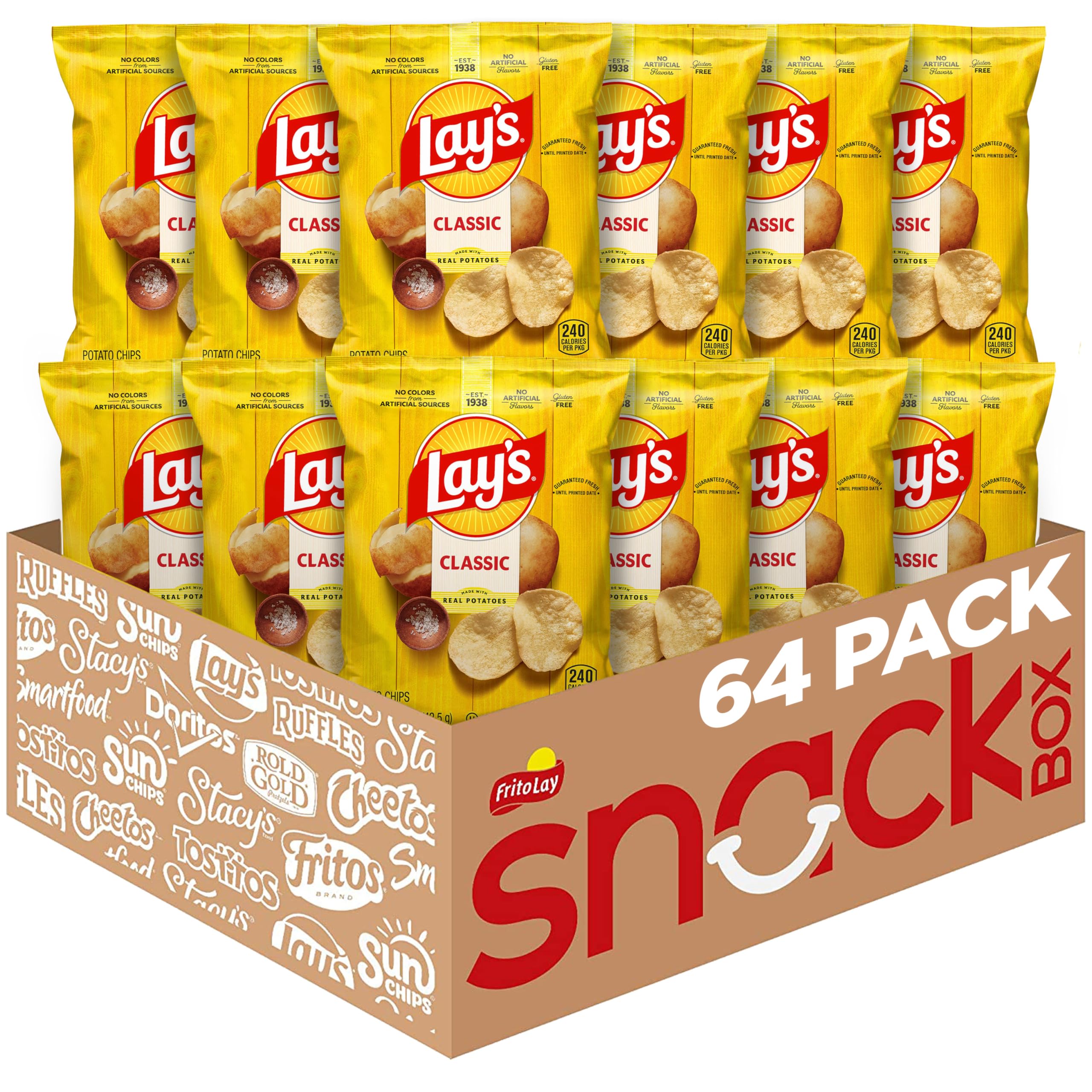 Lay's Classic potato chips in a 64-pack bag, crispy and shareable.