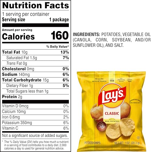 Lay's Classic Chips potato-oil-salt ingredients highlight simple flavor.