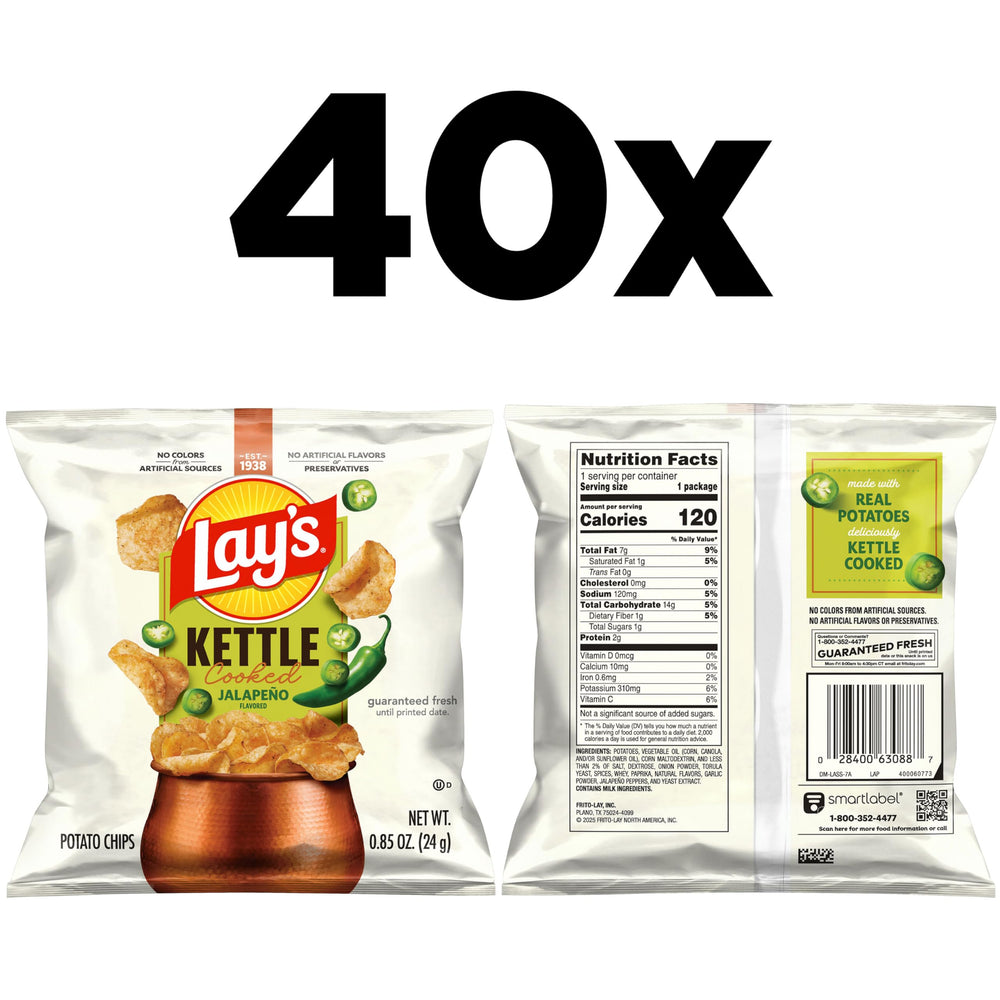 Lay's Jalapeño kettle chips pack of 40, convenient snack for gatherings.