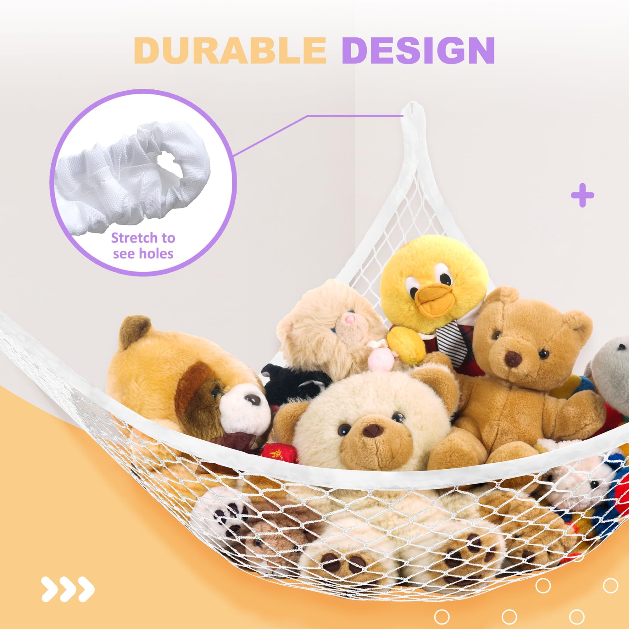 Lazebox stuffed animal net hammock with anchors demonstrates sturdy installation.