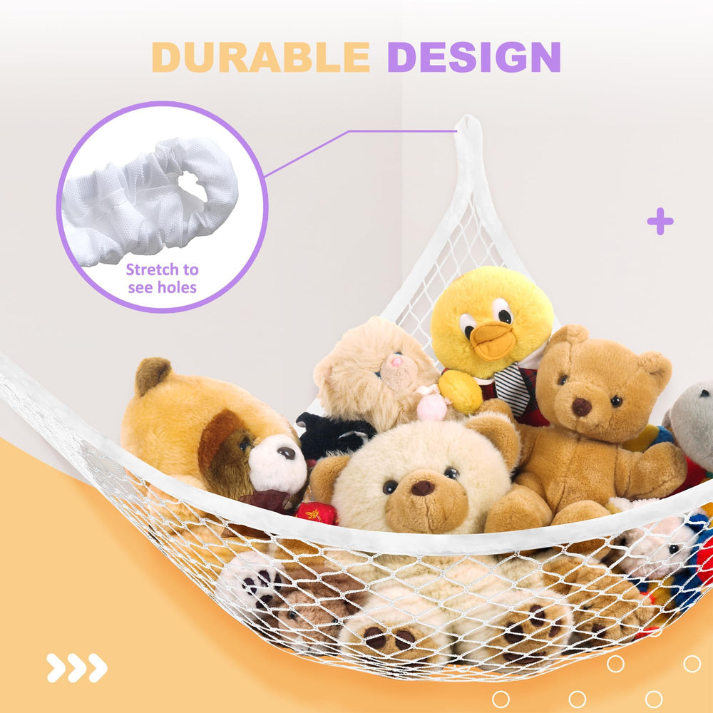 Lazebox stuffed animal net hammock with anchors demonstrates sturdy installation.