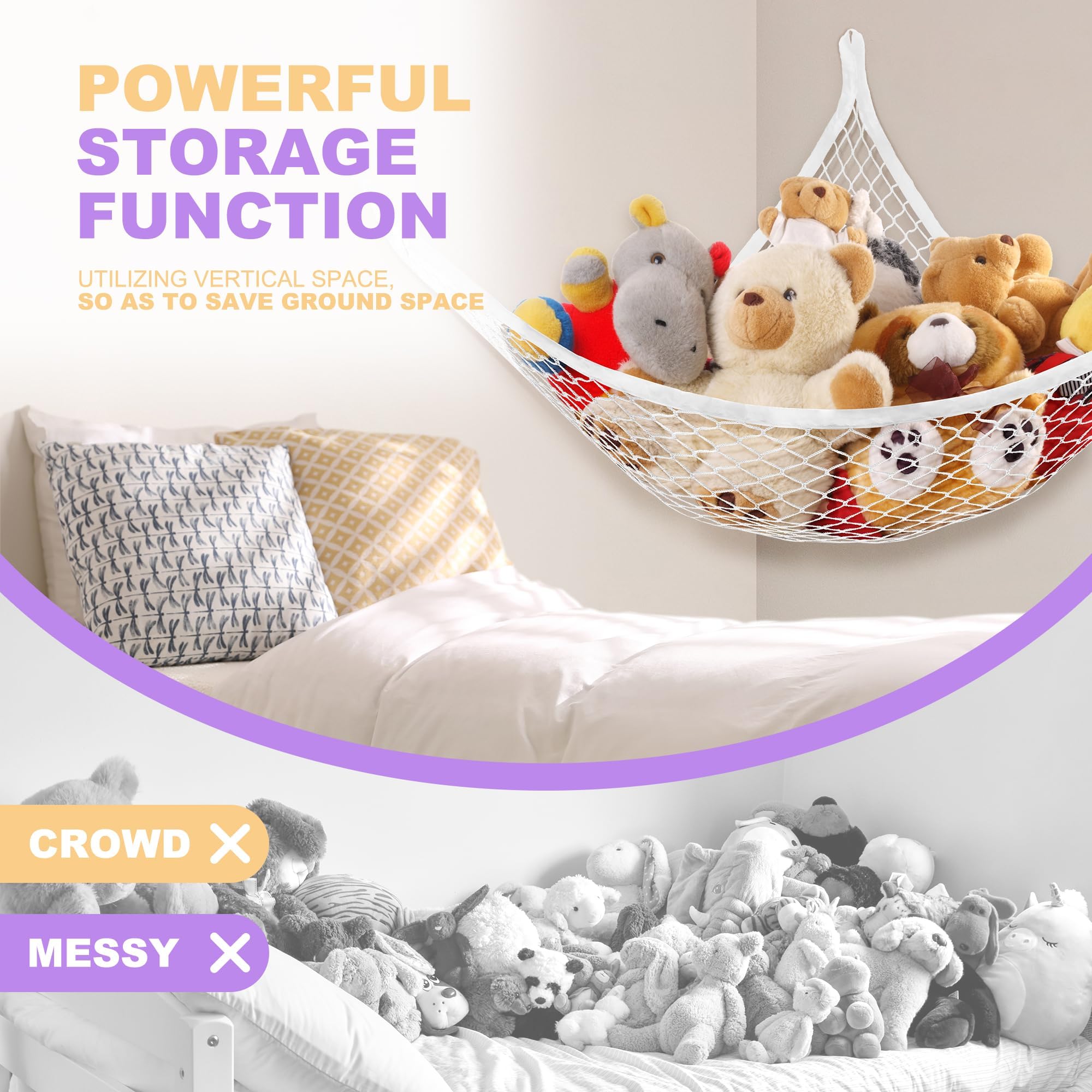 Lazebox stuffed animal net hammock decorates the corner while keeping toys accessible.