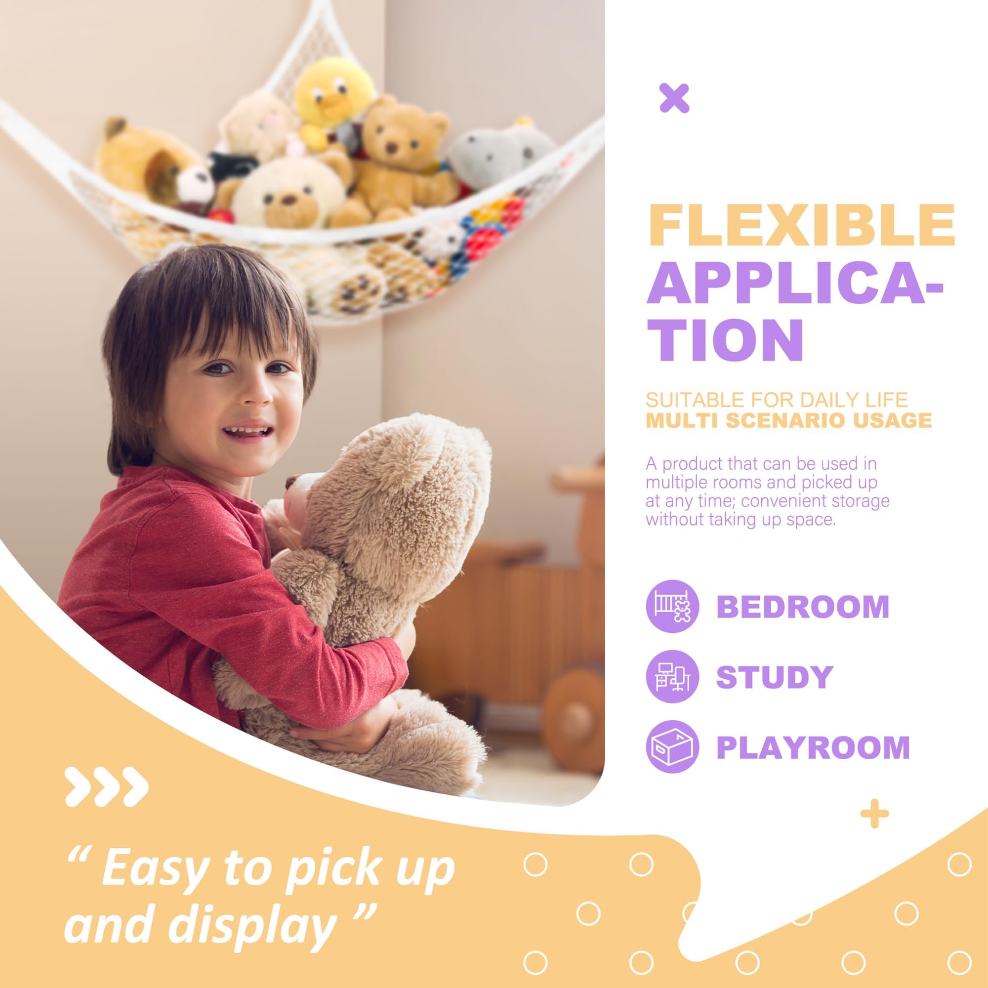 Lazebox stuffed animal net hammock creates a tidy room-scene with plush collection.