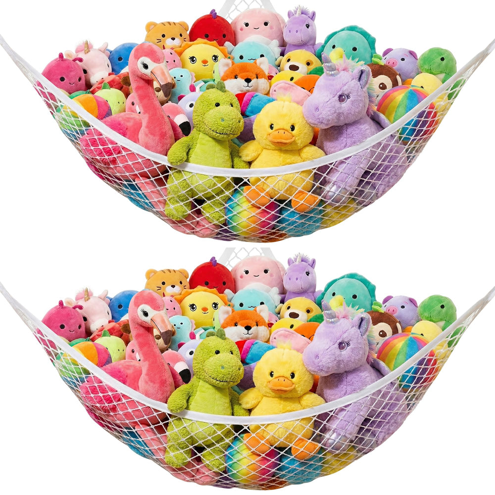 Lazebox stuffed animal net hammock setup organizes toys and saves floor space.
