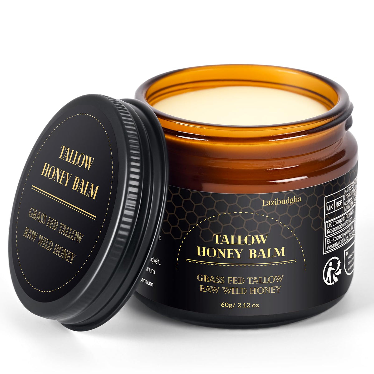 Lazibudgha beef tallow face jar for deep hydration and smoothing dry skin.
