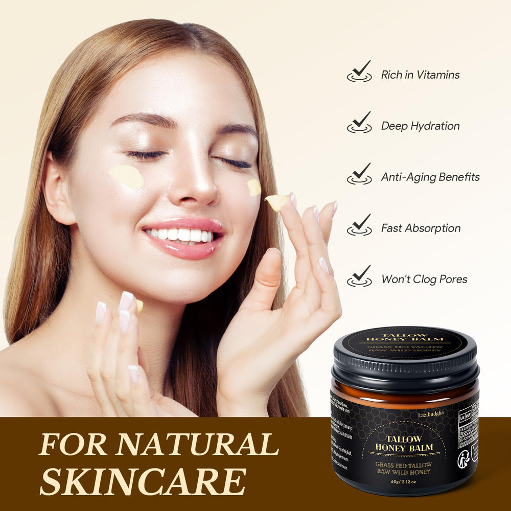 Lazibudgha grass-fed tallow face application showing versatile facial care.