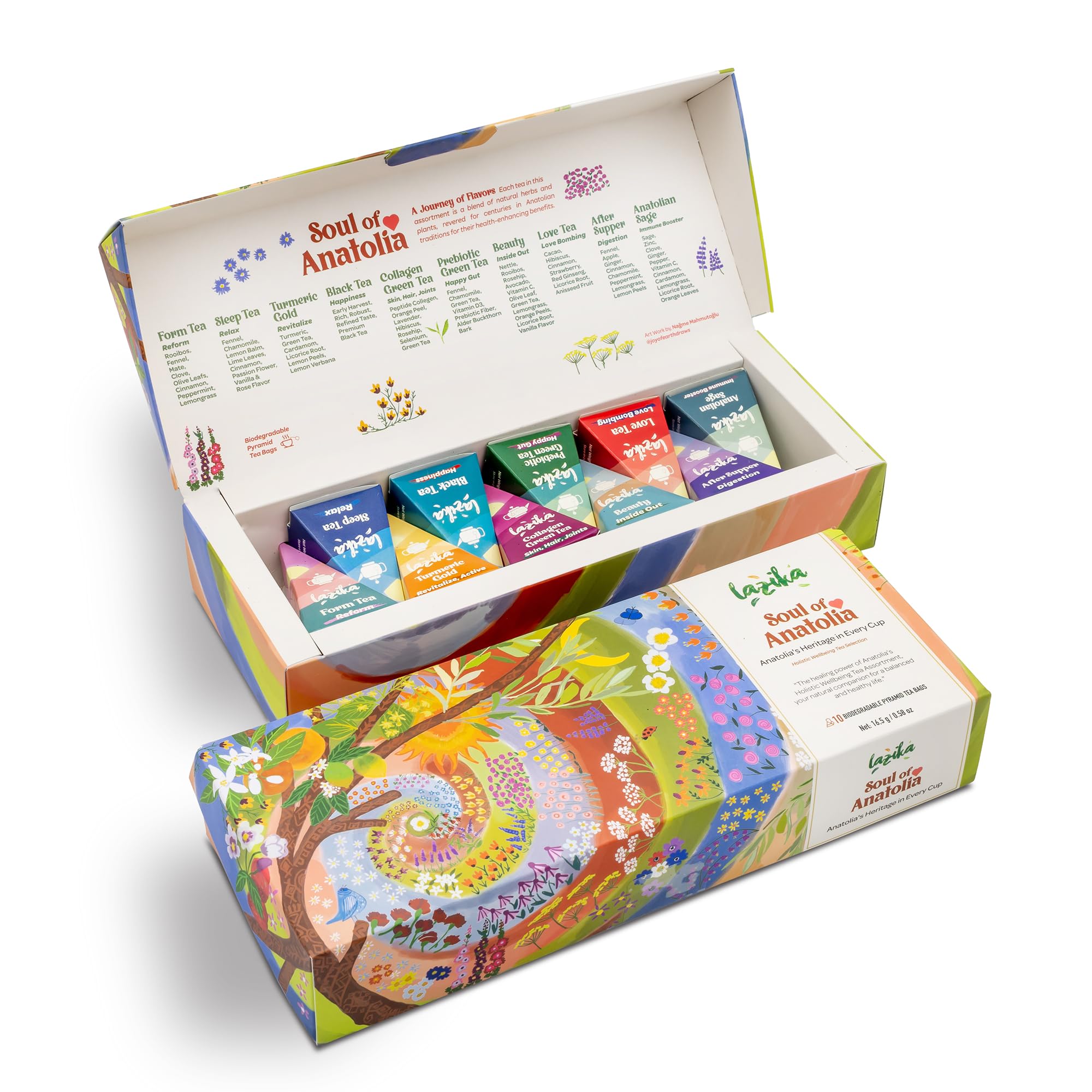 LAZIKA tea sampler presentation box showcasing premium blends for gifting and daily relaxation.