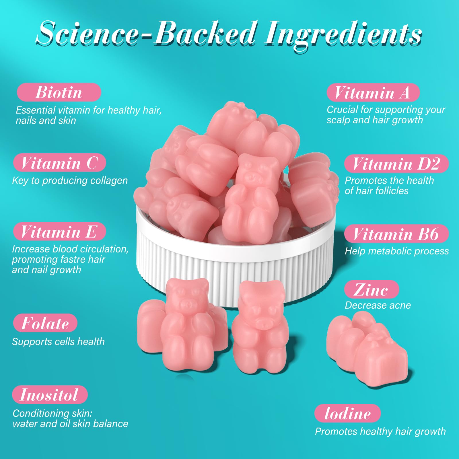 Lazpowfi Gummies ingredients graphic emphasizing vitamins for hair and skin.