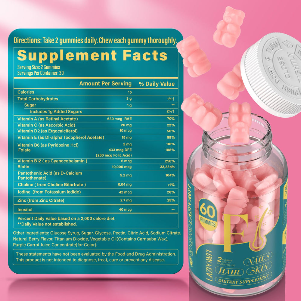 Lazpowfi Biotin Gummies label and packaging highlighting vegan formula.