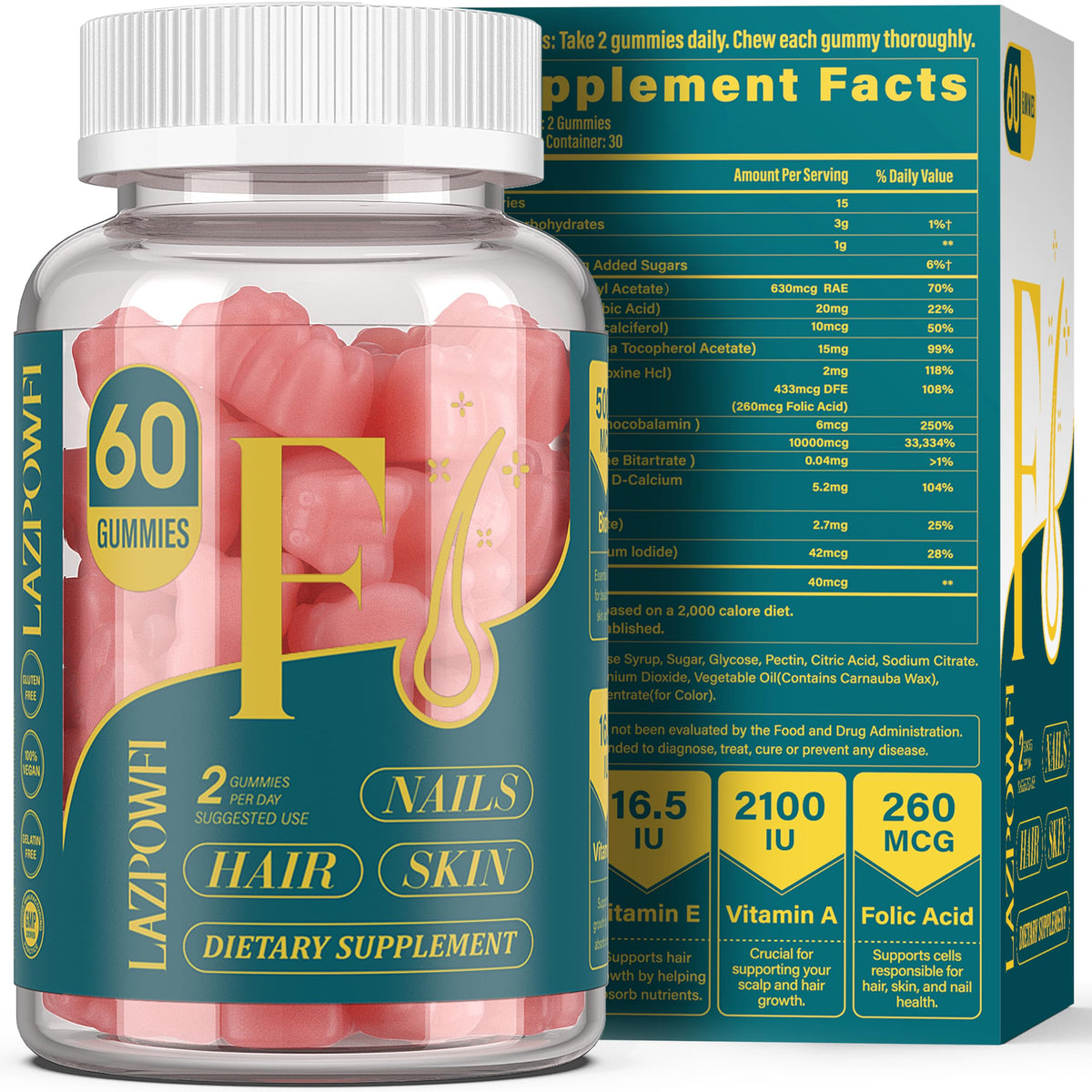 Lazpowfi Biotin Gummies raspberry bottle promoting healthy hair and nails.