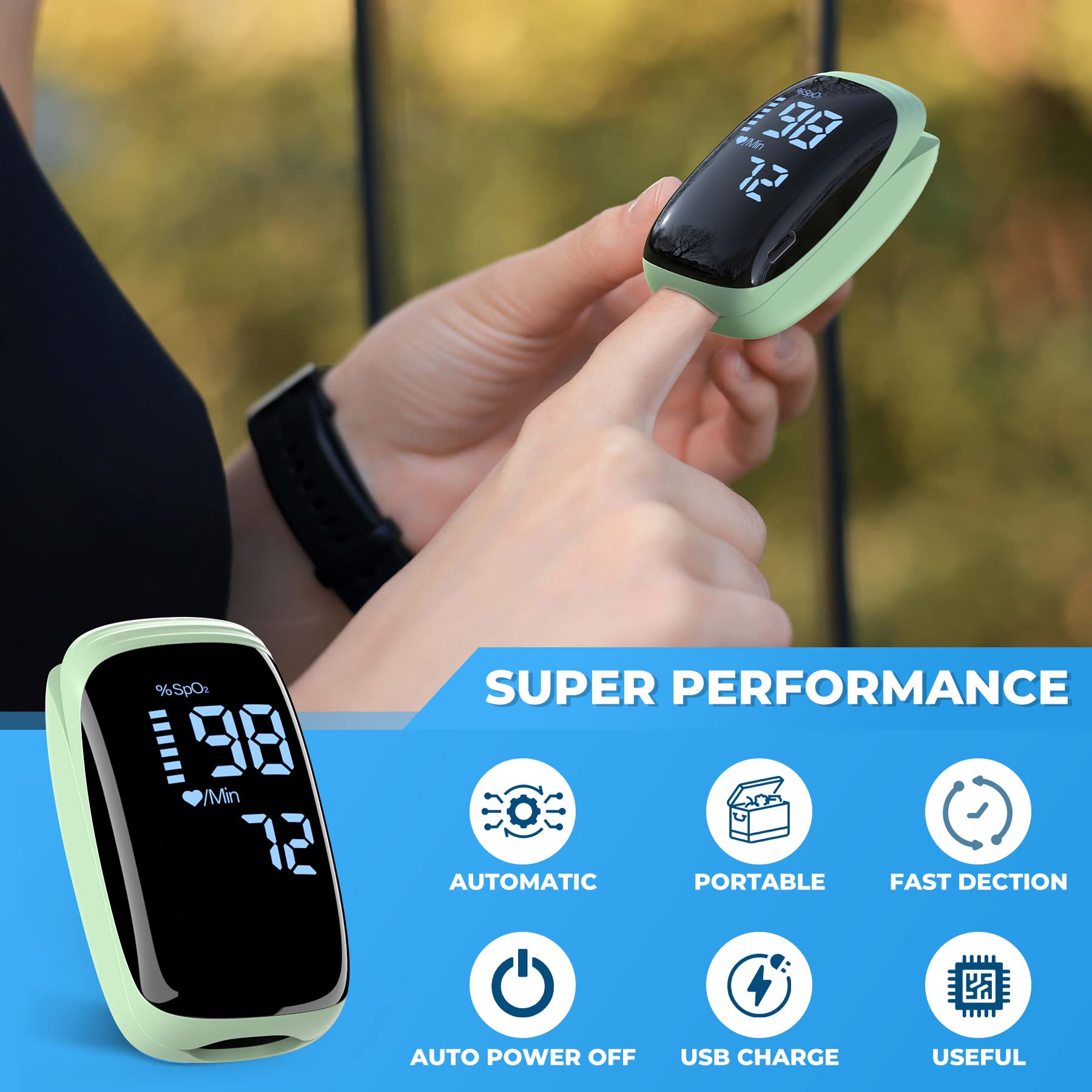 LBEAURG oximeter reading showing SpO2 and pulse levels at a glance.