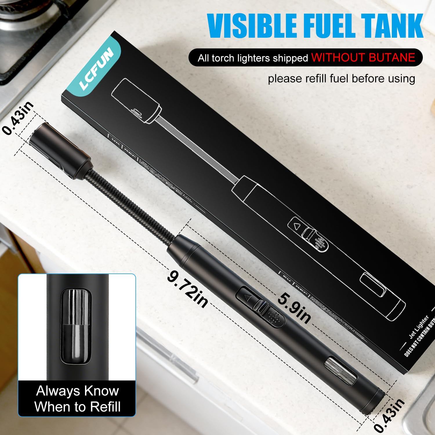 Adjustable flame height on the LcFun lighter for candles and grills.