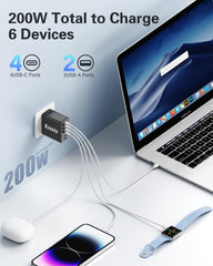 Lcssio 6-port wall charger with four USB-C and two USB-A ports for multitasking charging.