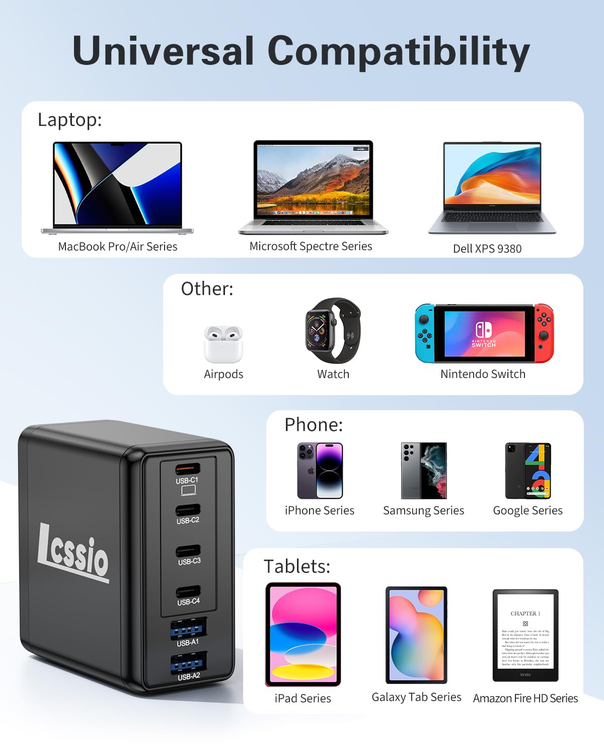 Lcssio folding plug keeps the charger portable and travel-friendly.