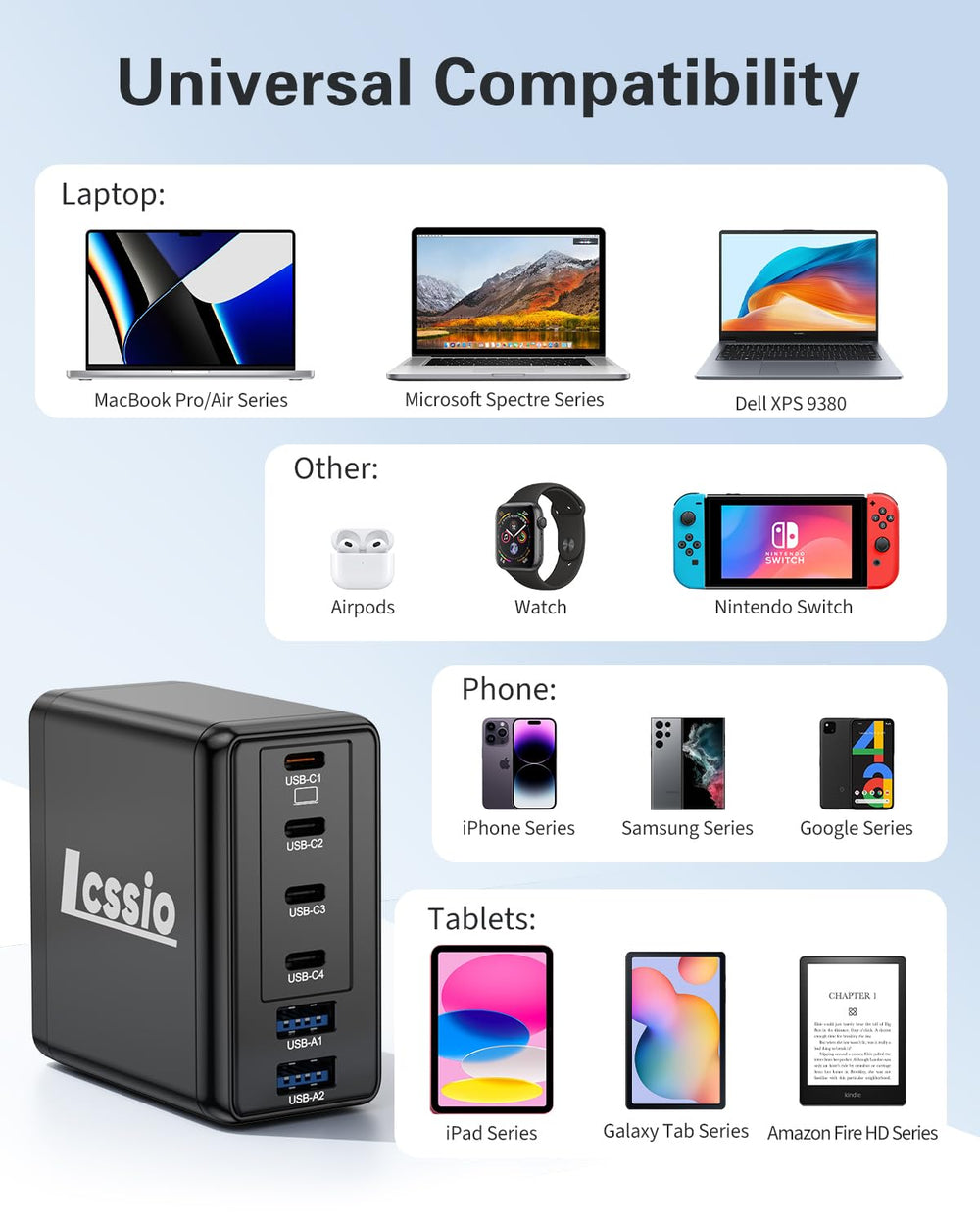 Lcssio folding plug keeps the charger portable and travel-friendly.