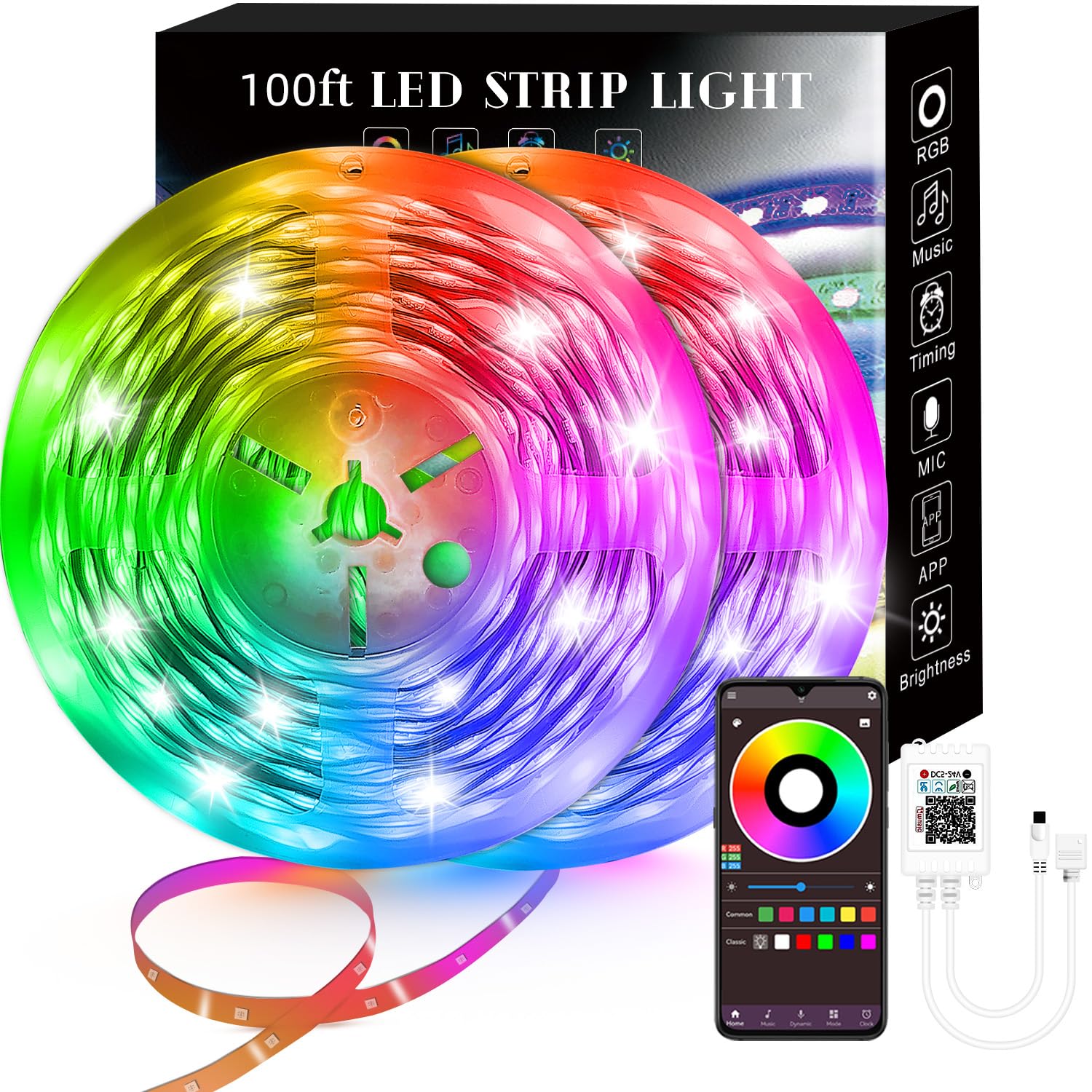 Lcutml 100FT LED strip lights with music sync create immersive living room ambiance.