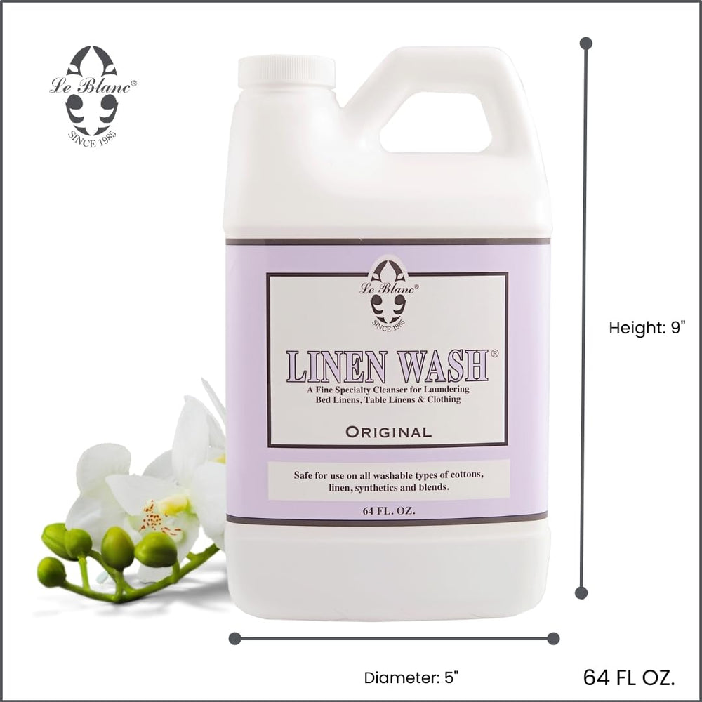 Le Blanc Original Linen Wash 64oz packaging highlights value for home laundering.