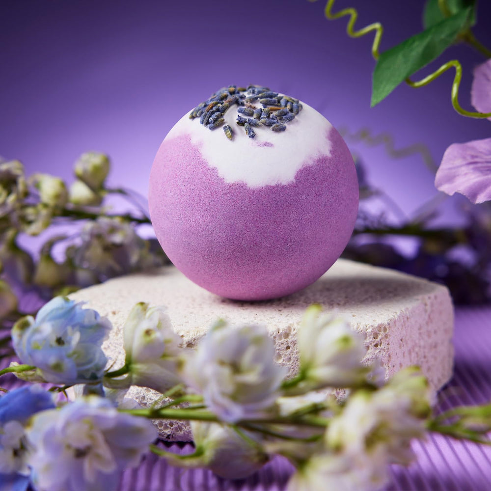 LE CADEAU lavender bath bomb adds a fragrant, fizzy moment.