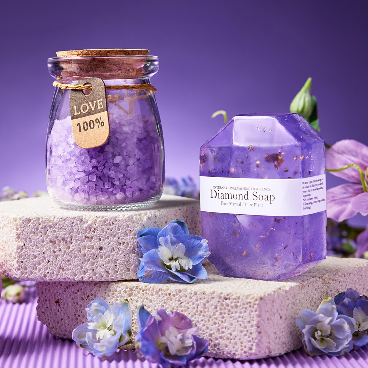 LE CADEAU lavender-scented candle creates a calming home spa vibe.