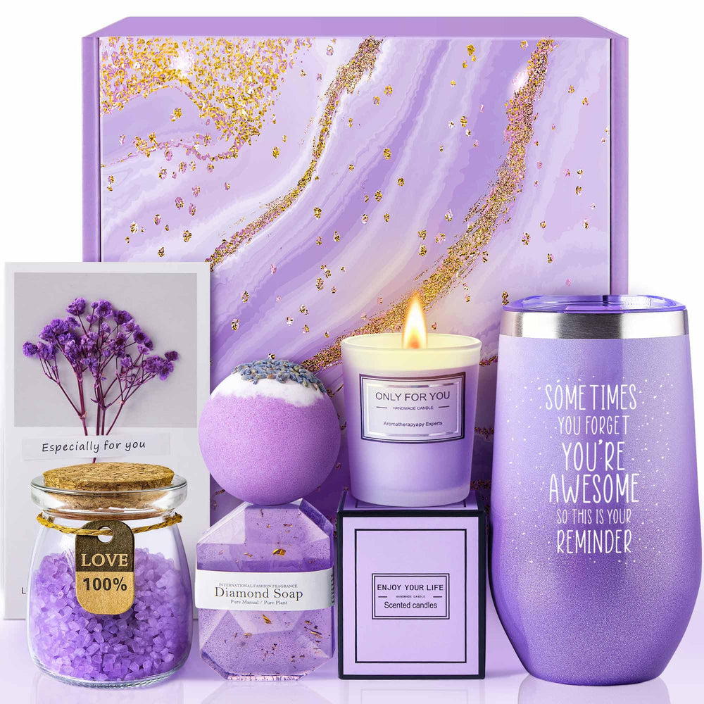 LE CADEAU lavender spa gift basket offers lavender serenity for special occasions.
