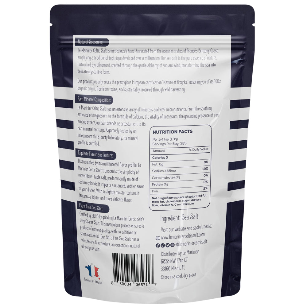 Le Marinier Celtic Salt extra fine grains, perfect for even seasoning.