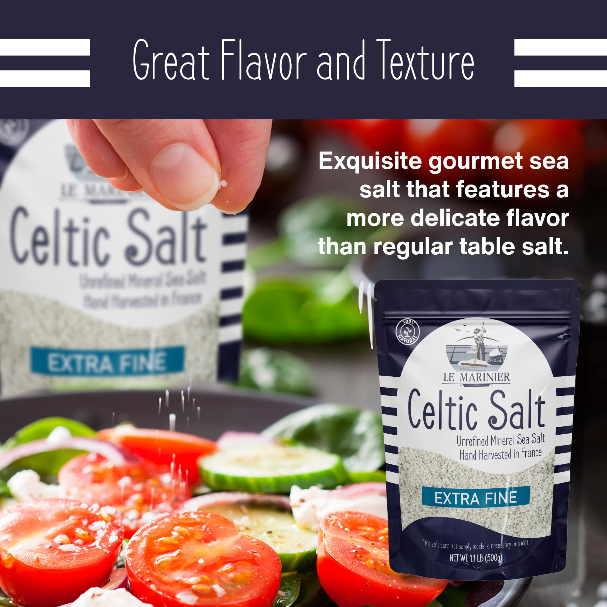 Le Marinier Celtic Salt pour-over in kitchen setup for easy sprinkling.