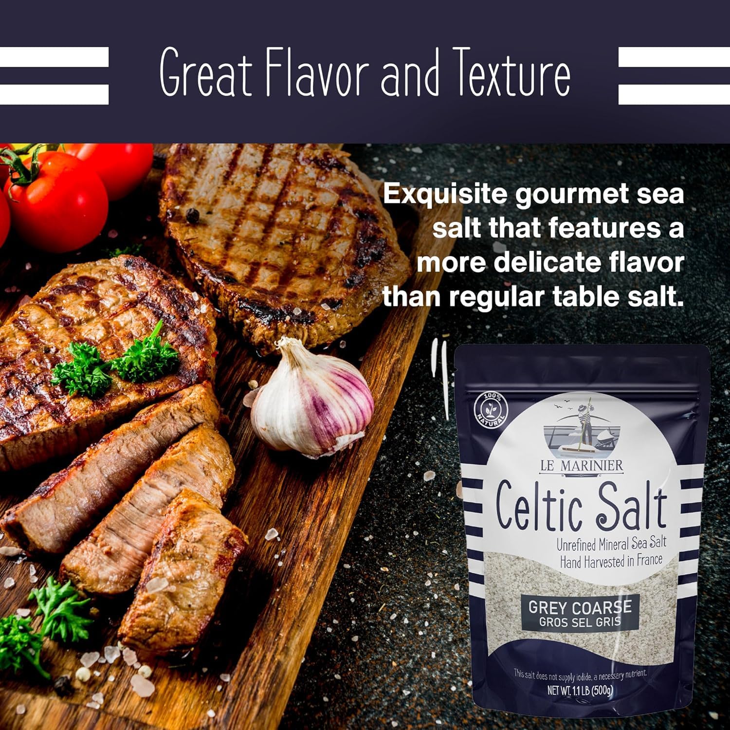 Le Marinier Grey Coarse salt with seafood and vegetables, adds mineral-rich flavor.