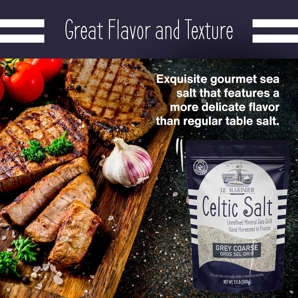 Le Marinier Grey Coarse salt with seafood and vegetables, adds mineral-rich flavor.