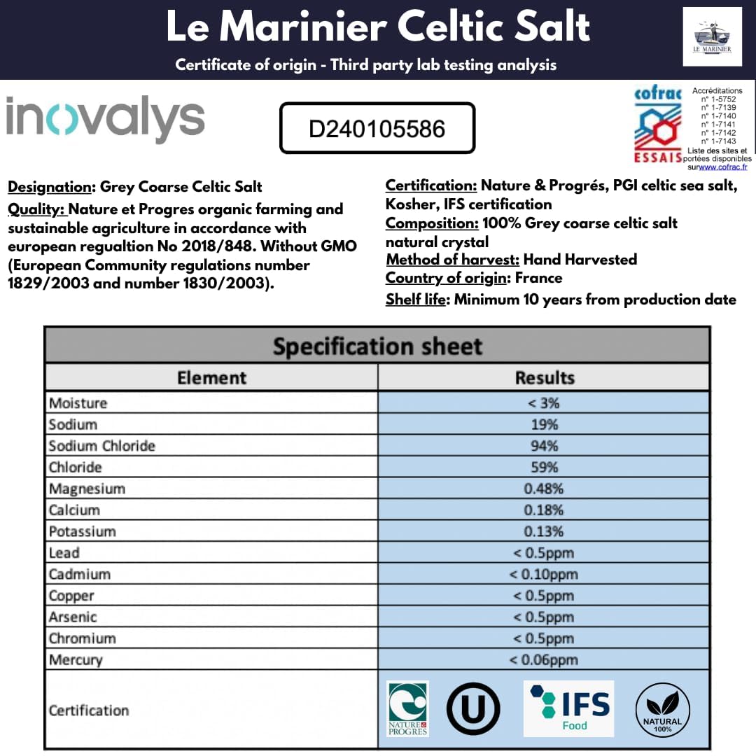 Le Marinier Grey Coarse salt label close-up, showcasing authentic French harvest.