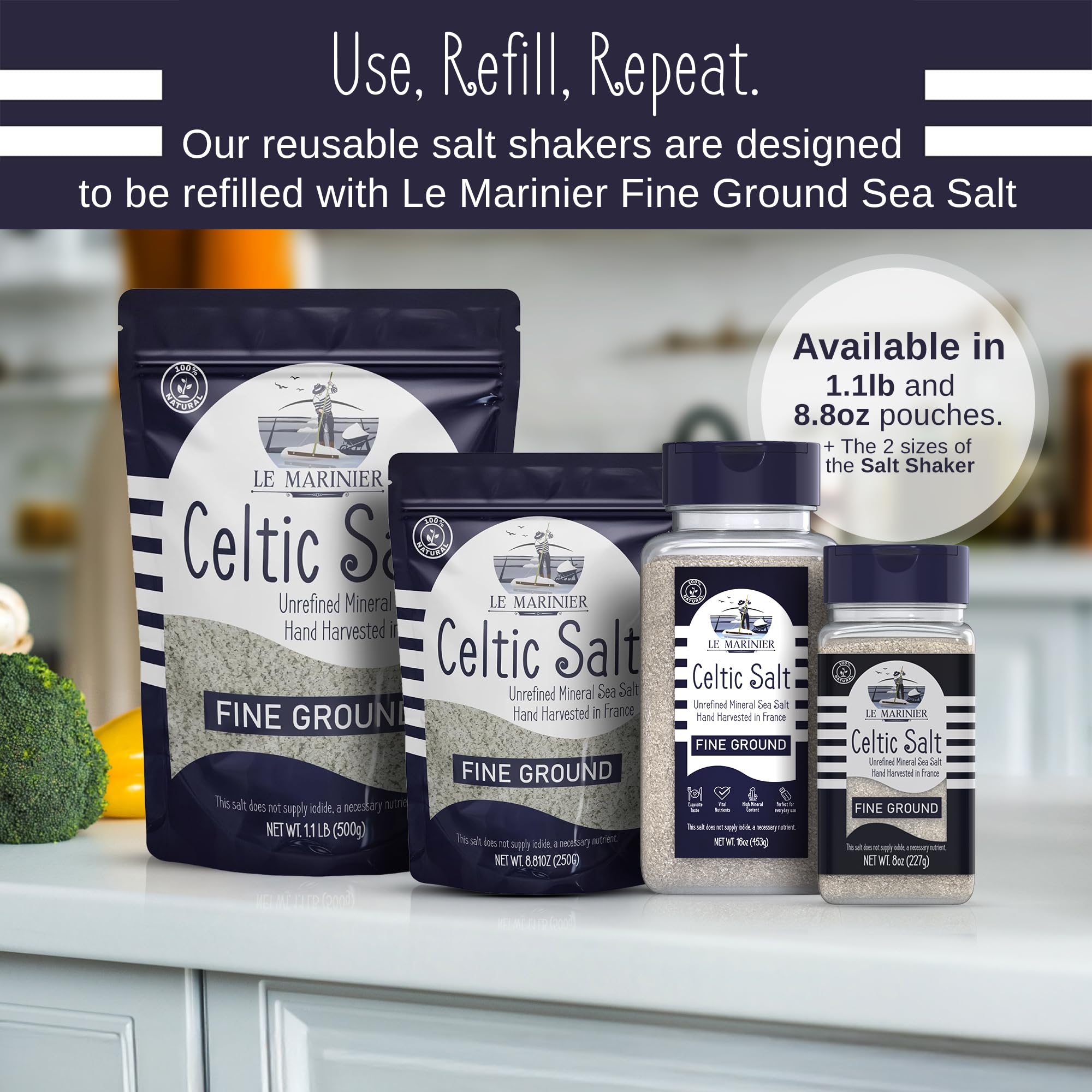 Le Marinier salt pour close-up highlights delicate grains for finishing.