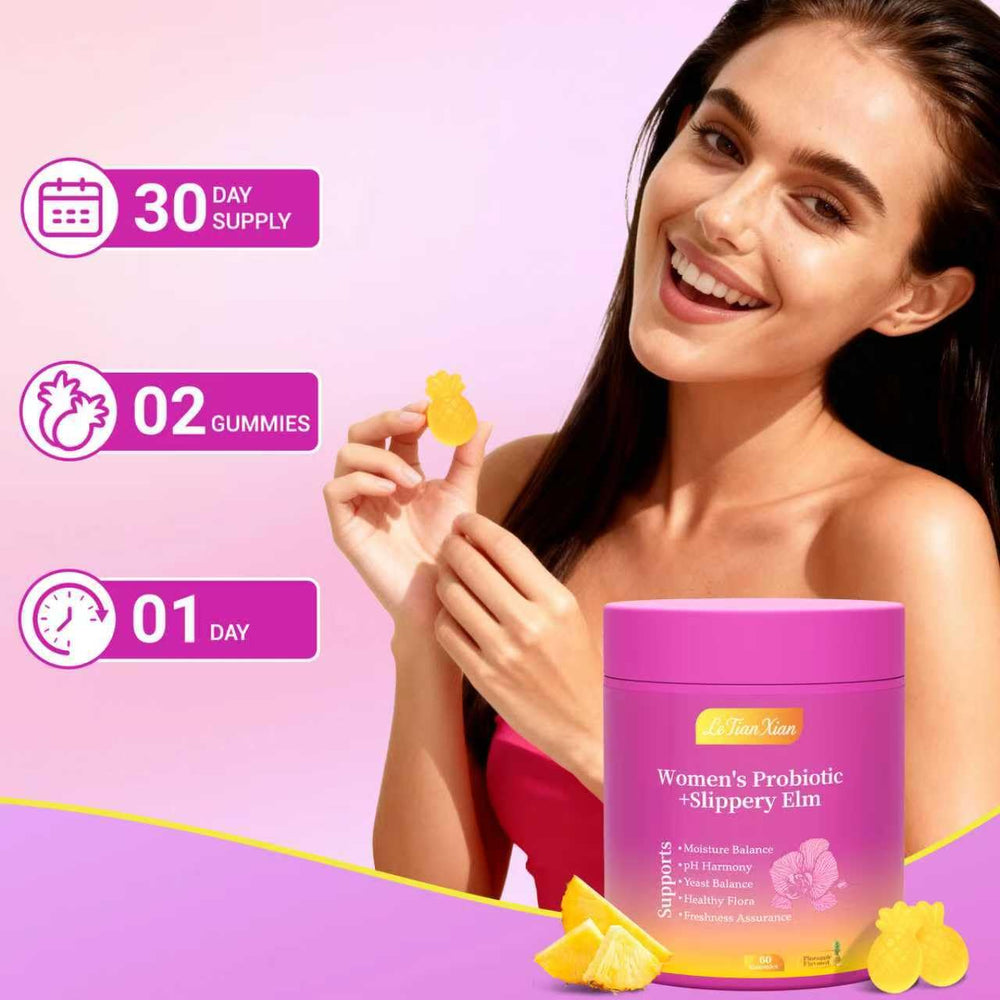 Le Tian Xian Her Juicy Gummies non-GMO gluten-free label image communicates clean nutrition.