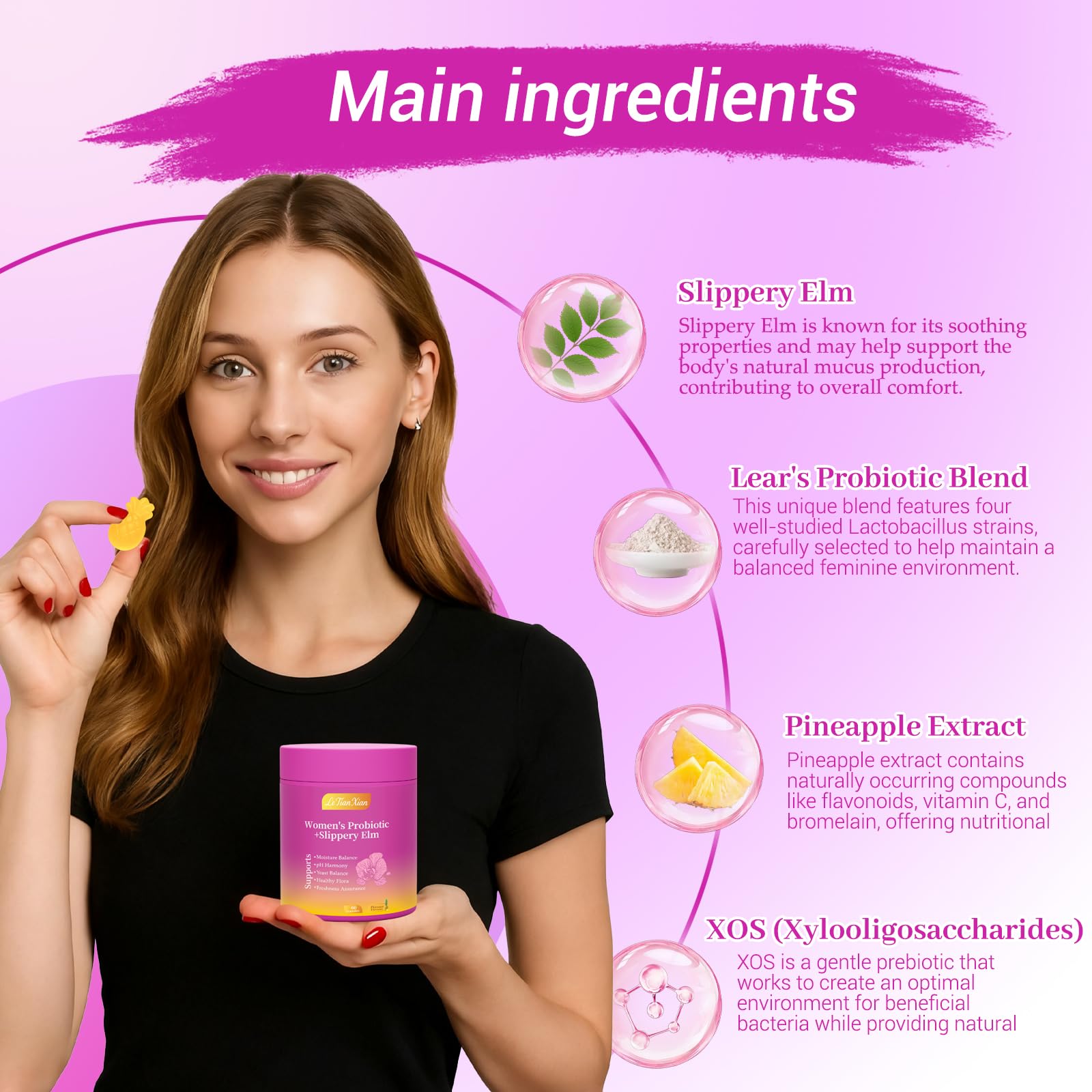 Le Tian Xian Her Juicy Gummies prebiotics-cranberry image emphasizes gut-supporting blend.