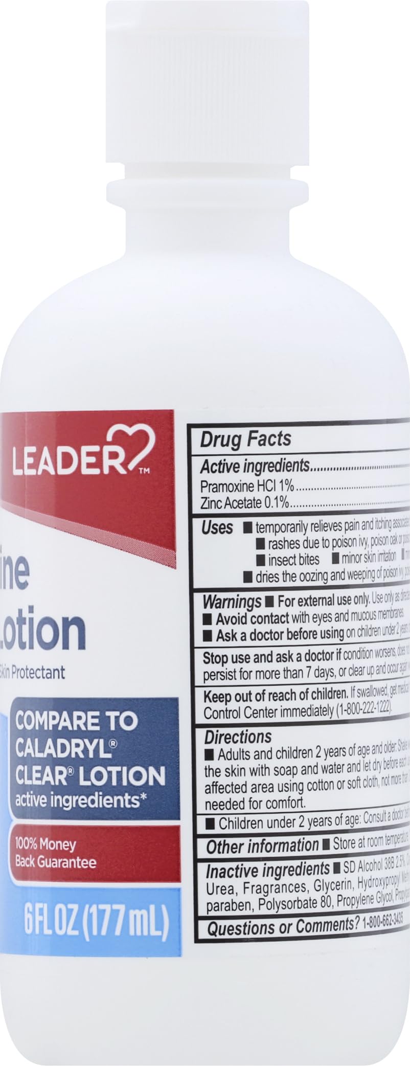 Leader Calamine Clear Lotion 6-ounce bottle ready for at-home use.