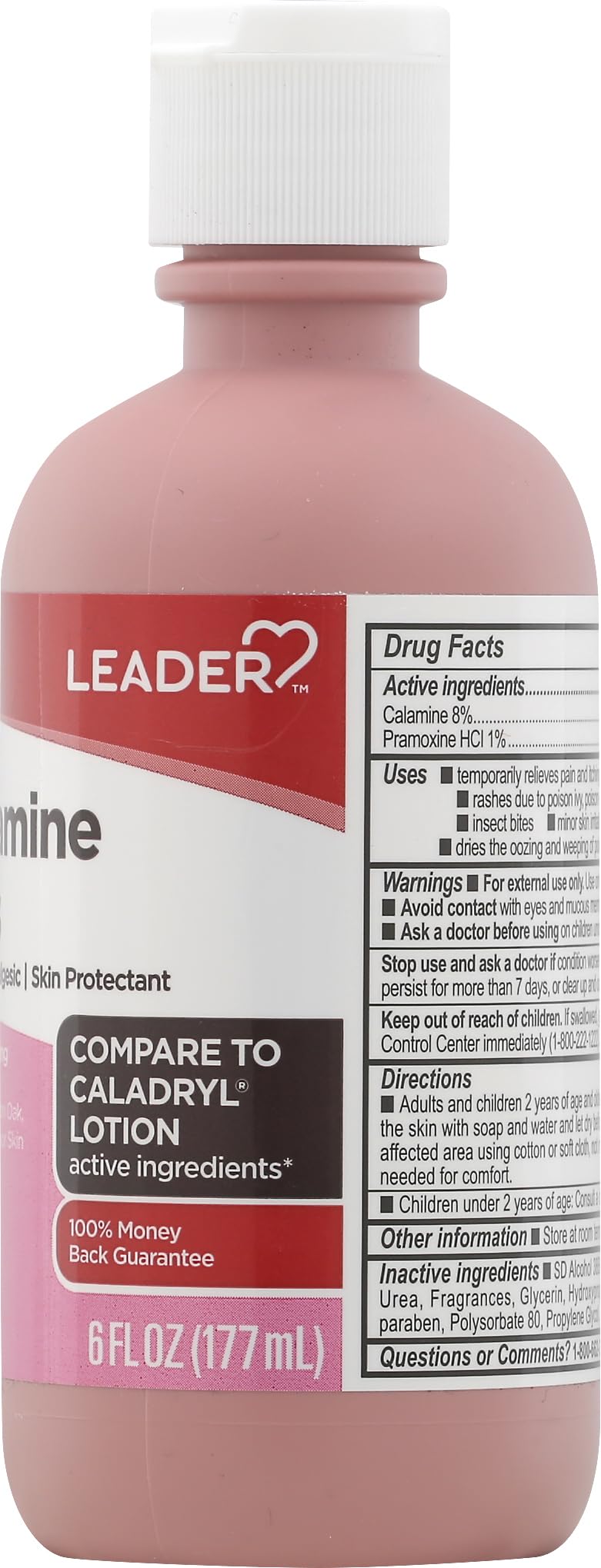 Leader Calamine Lotion bottle front communicates trusted skin protection.