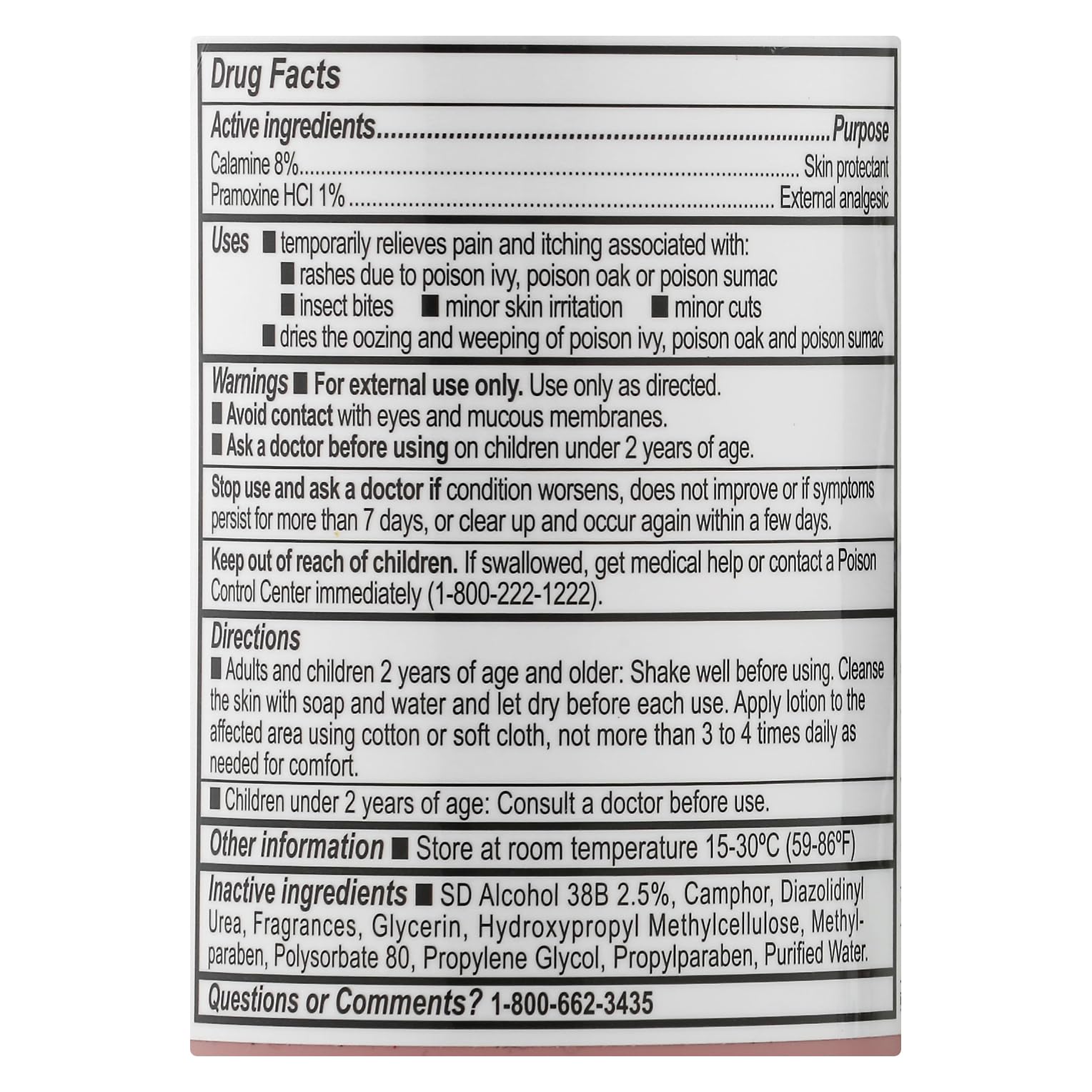 Leader Calamine Lotion label close-up highlighting zinc oxide and soothing formula.