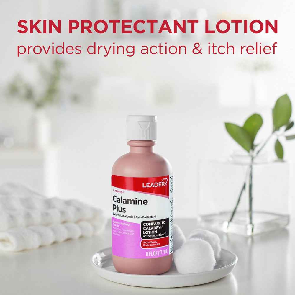 Leader Calamine Lotion tube on nightstand ready for on-the-go relief.