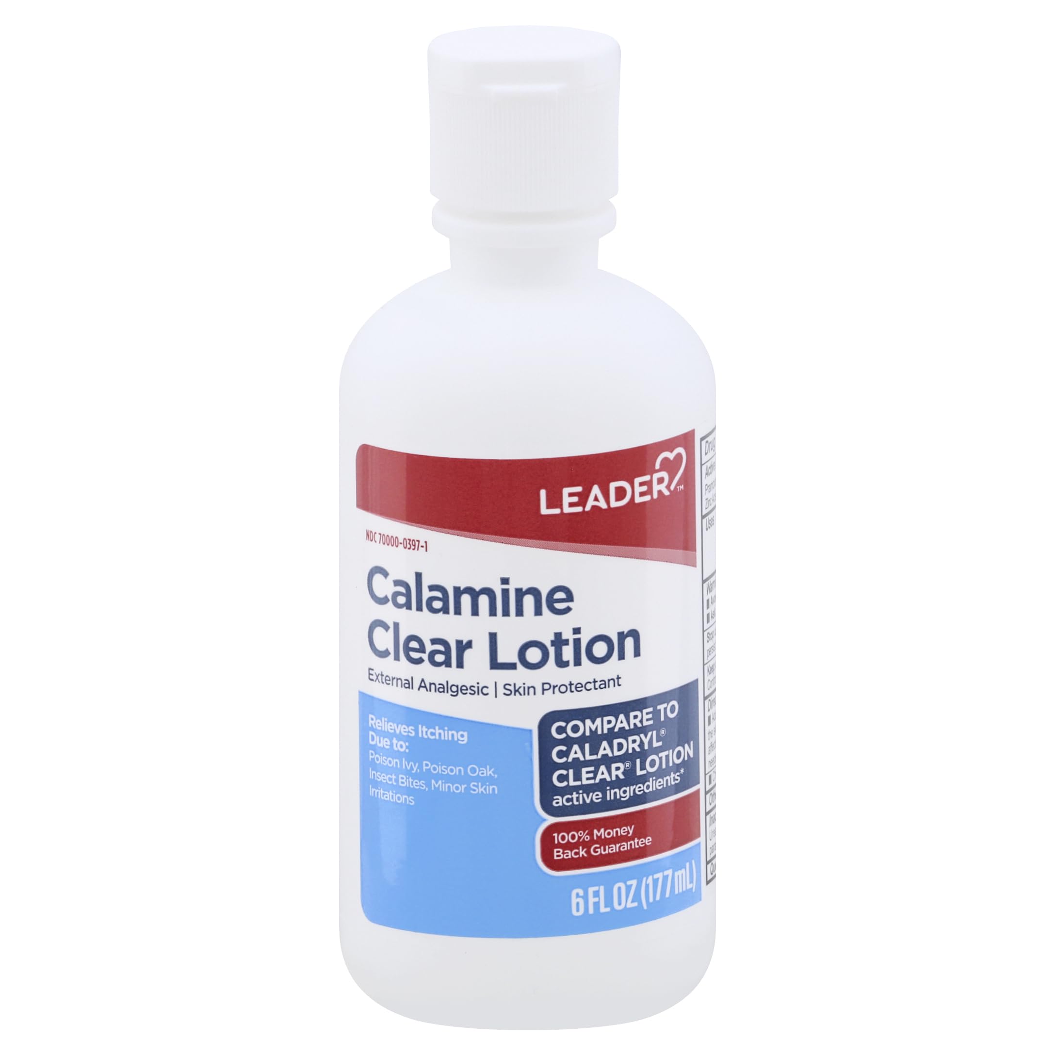 Leader Medicated Calamine Clear Lotion bottle demonstrates anti-itch relief for minor irritations.