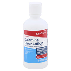 Leader Medicated Calamine Clear Lotion bottle demonstrates anti-itch relief for minor irritations.
