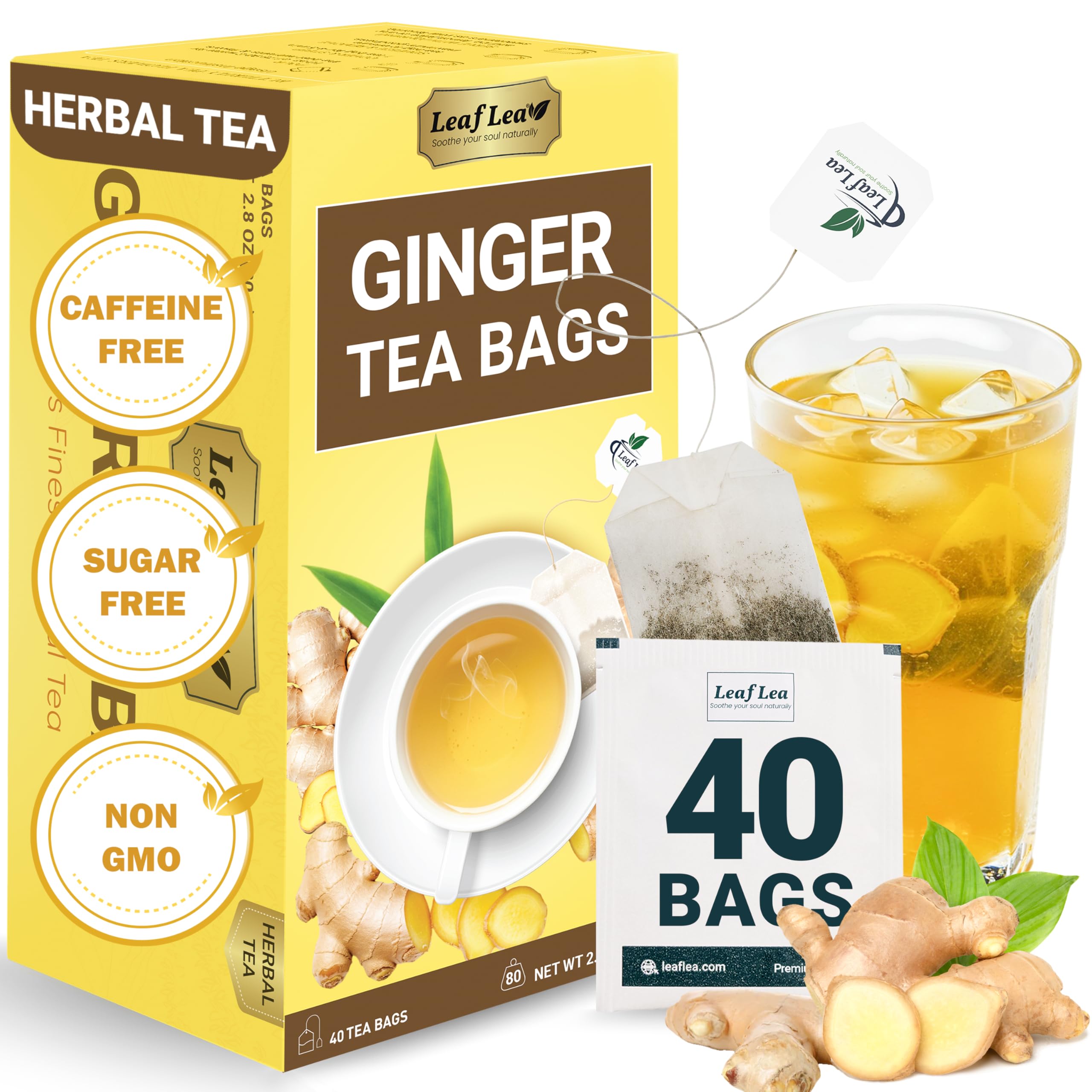 LeafLea 40 Ginger Tea Bags box front for quick brewing.