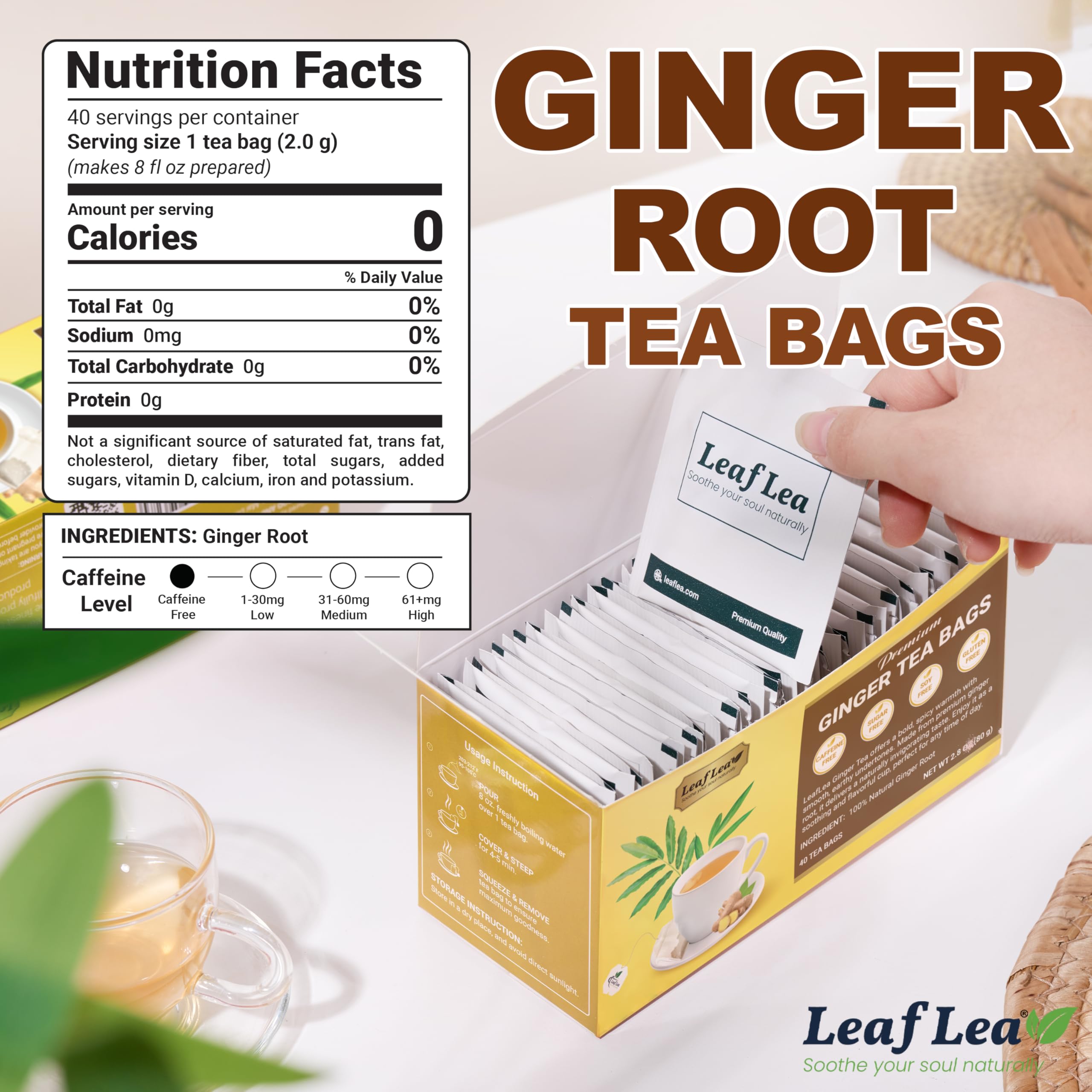 LeafLea 40 Ginger Tea Bags box interior showing individually wrapped bags.