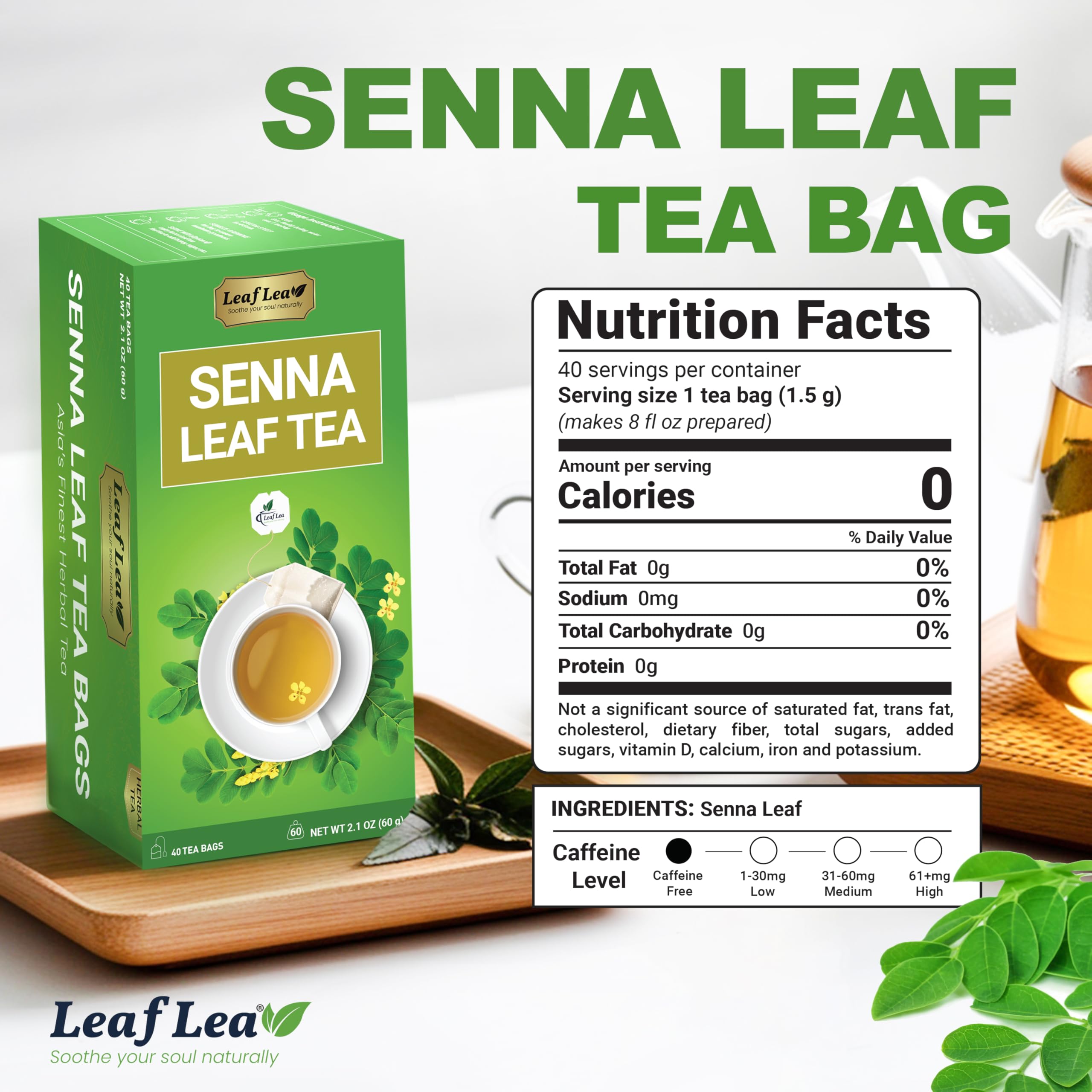 LeafLea 40 Senna tea bags closeup of senna leaves and natural purity