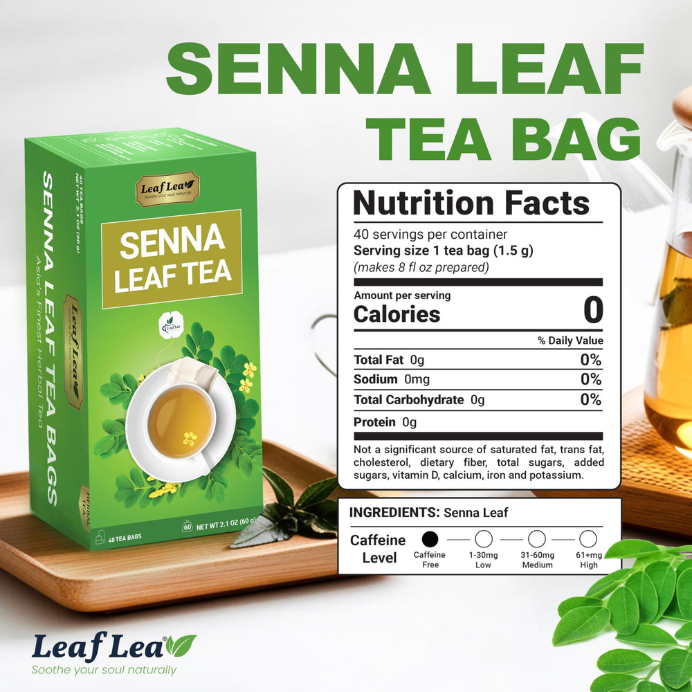 LeafLea 40 Senna tea bags closeup of senna leaves and natural purity