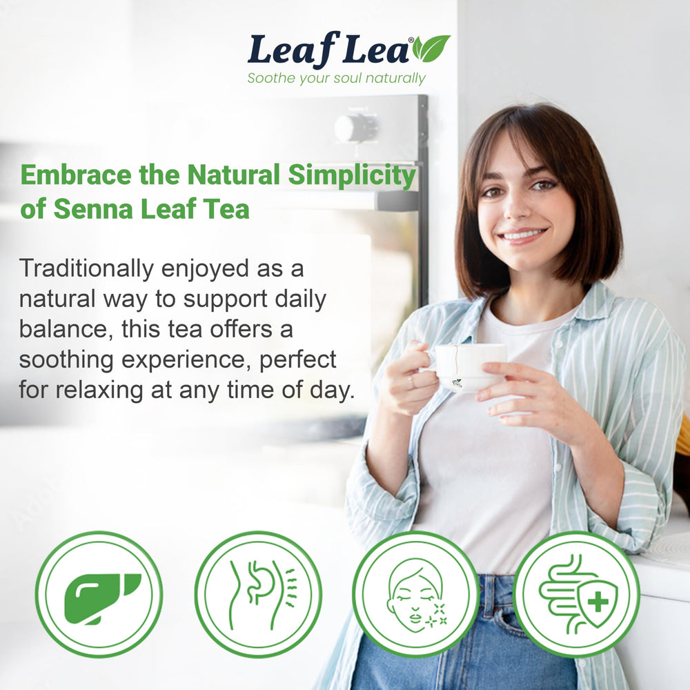 LeafLea 40 Senna tea bags in a box highlighting freshness and storage