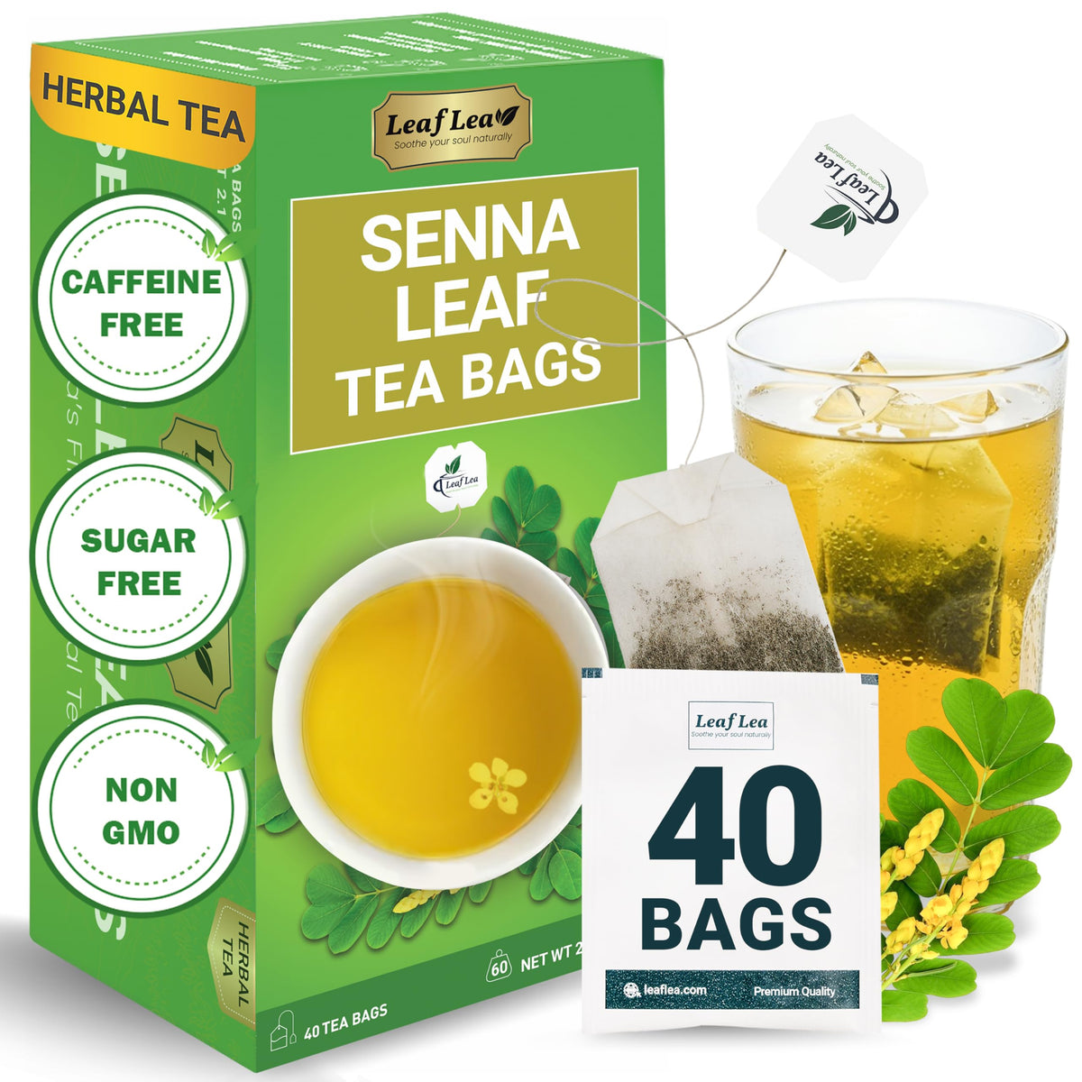 LeafLea 40 Senna tea packaging showing a convenient box for daily use and freshness